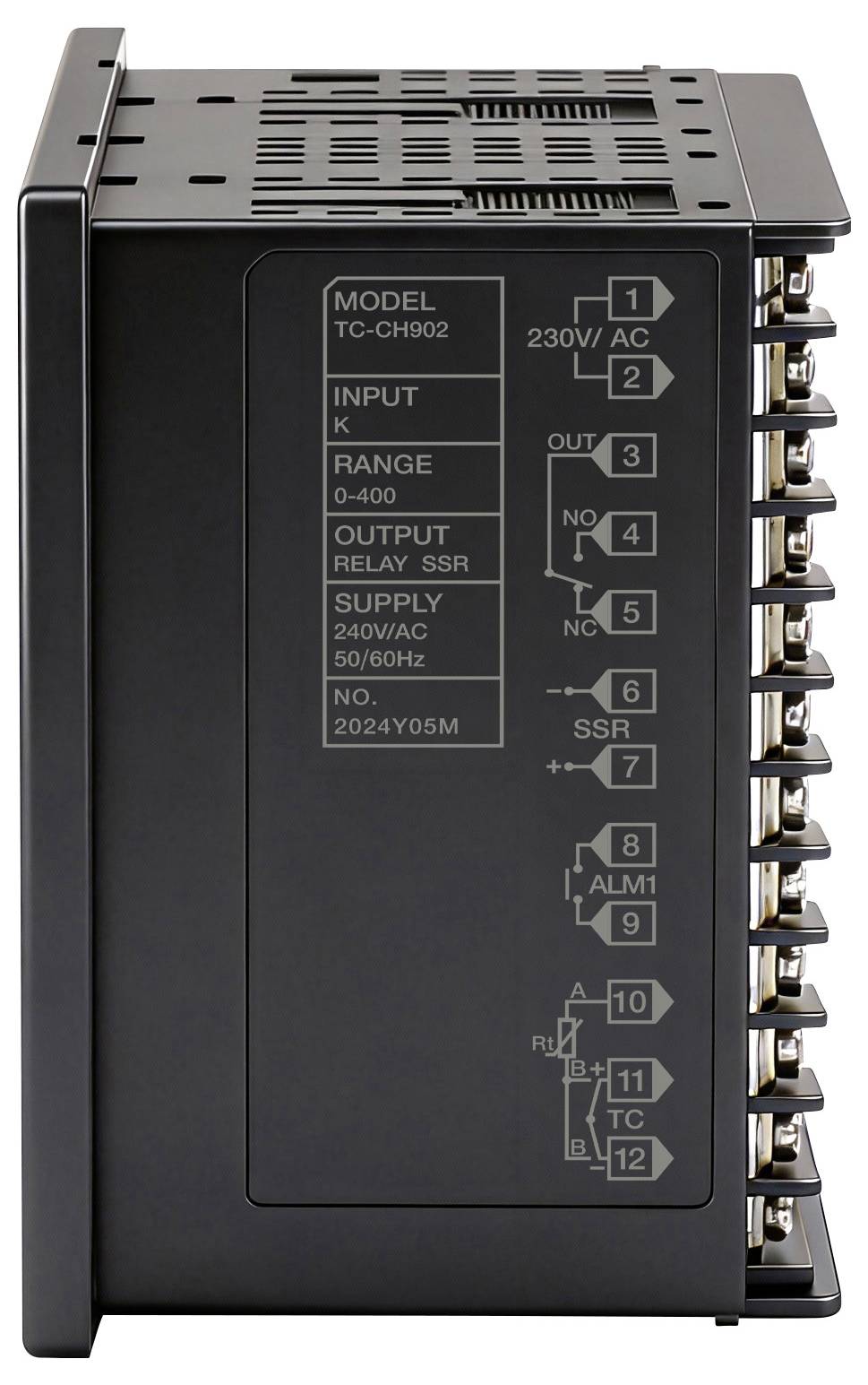 „Temperaturregler Modell TC-CH902, 230V AC-Eingang, Bereich 0-400. Ausgangsrelais SSR, 240V AC-Versorgung, 50/60Hz, Schaltplan zeigt Anschlussterminals."