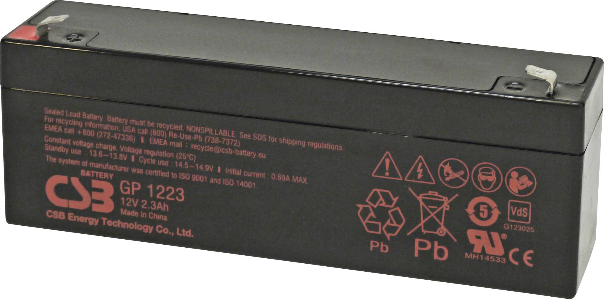 Ein versiegelter Blei-Säure-Akku mit der Bezeichnung CSB GP 1223, 12V 2,3Ah. Bemerkenswerte Symbole: Recycling-Symbole, Warnung vor Brandgefahren und Spannungsdetails.
