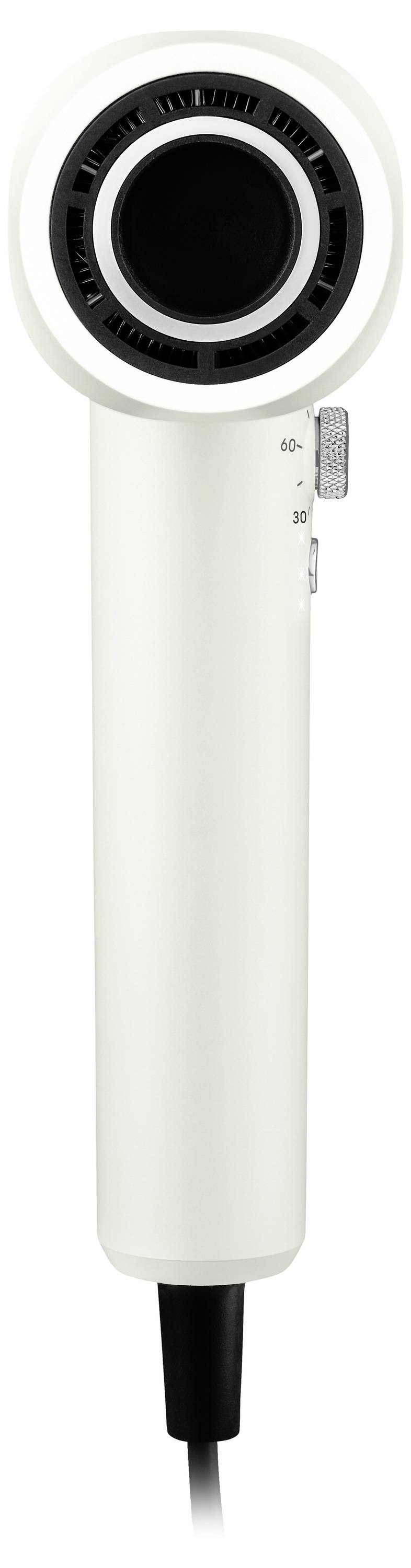 Ein weißer, handlicher Haartrockner mit Einstellungsrad, der ein schlankes Design und ein schwarzes Netzkabel am unteren Ende aufweist.
