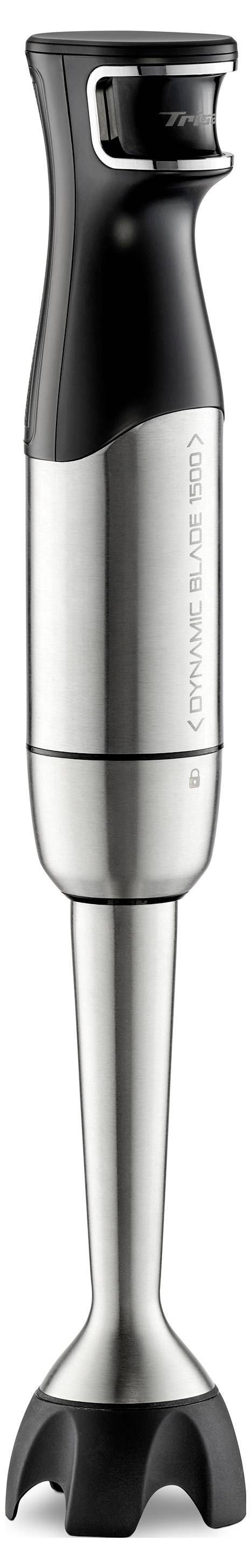 Ein schlanker, moderner Stabmixer aus Edelstahl mit schwarzem Griff und leistungsstarker Klinge, der für vielseitige Mixaufgaben konzipiert ist.