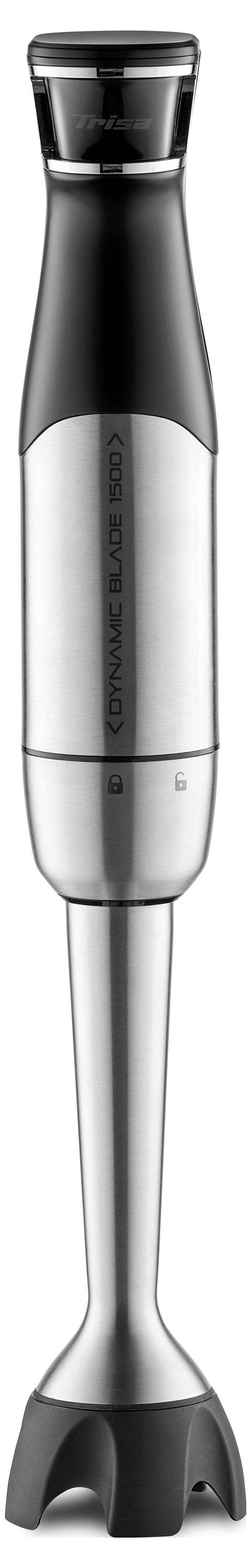 Ein Stabmixer aus Edelstahl mit schwarzem Griff, entwickelt zum Pürieren von Suppen und Saucen, mit ergonomischem Griff und abnehmbarem Mixstab.