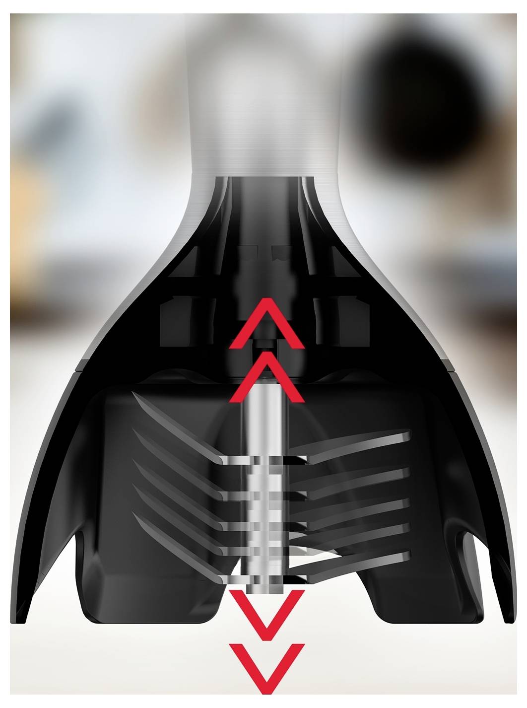 Ein schwarzes Plastikbauteil mit durchsichtigem Deckel und roten Pfeilen, die nach oben und unten zeigen. Scheint Teil eines mechanischen Geräts zu sein.