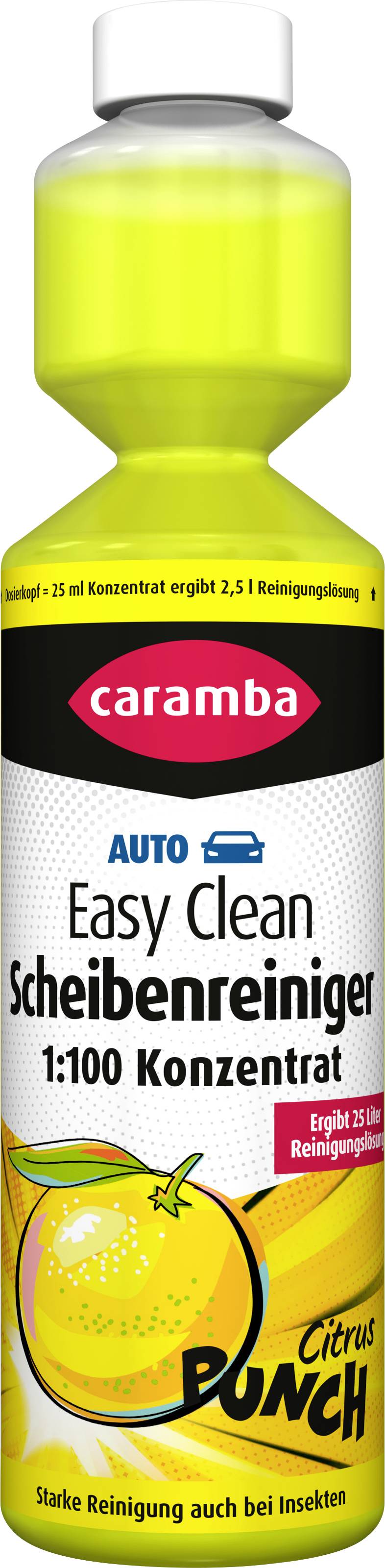 Caramba Auto Easy Clean Scheibenwaschmittel-Flasche, 1:100 Konzentrat, Citrus Punch, mit Zitronengrafik auf dem Etikett.