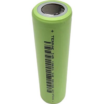 Eine grüne zylindrische Batterie mit der Beschriftung '+ TERRE', einem Barcode und Text, die aufrecht steht und wahrscheinlich für elektronische Geräte verwendet wird.