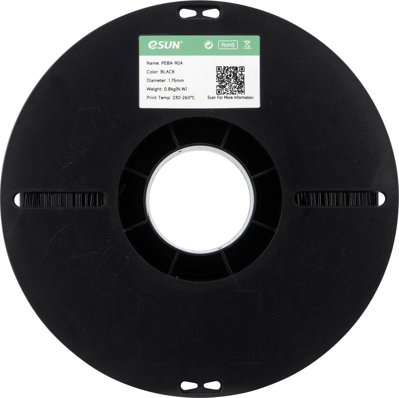 Ein schwarzes eSUN Filamentspule mit Produktetikett: 'Name: PEEA-90A. Farbe: SCHWARZ. Durchmesser: 1,75 mm. Gewicht: 0,8 kg. Drucktemperatur: 230-260°C.'