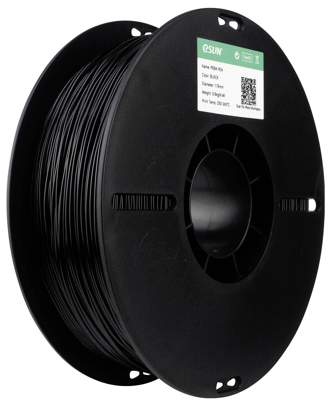 Eine schwarze Filamentspule aus 3D-Druckmaterial von eSUN in PLA+ Qualität. Das Etikett zeigt einen Durchmesser von 1,75 mm und ein Gewicht von 1 kg an.