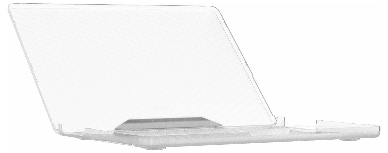Ein transparenter Laptopständer, leicht nach oben geneigt, entwickelt zur Erhöhung eines Laptops für eine bessere Ergonomie und Kühlung.