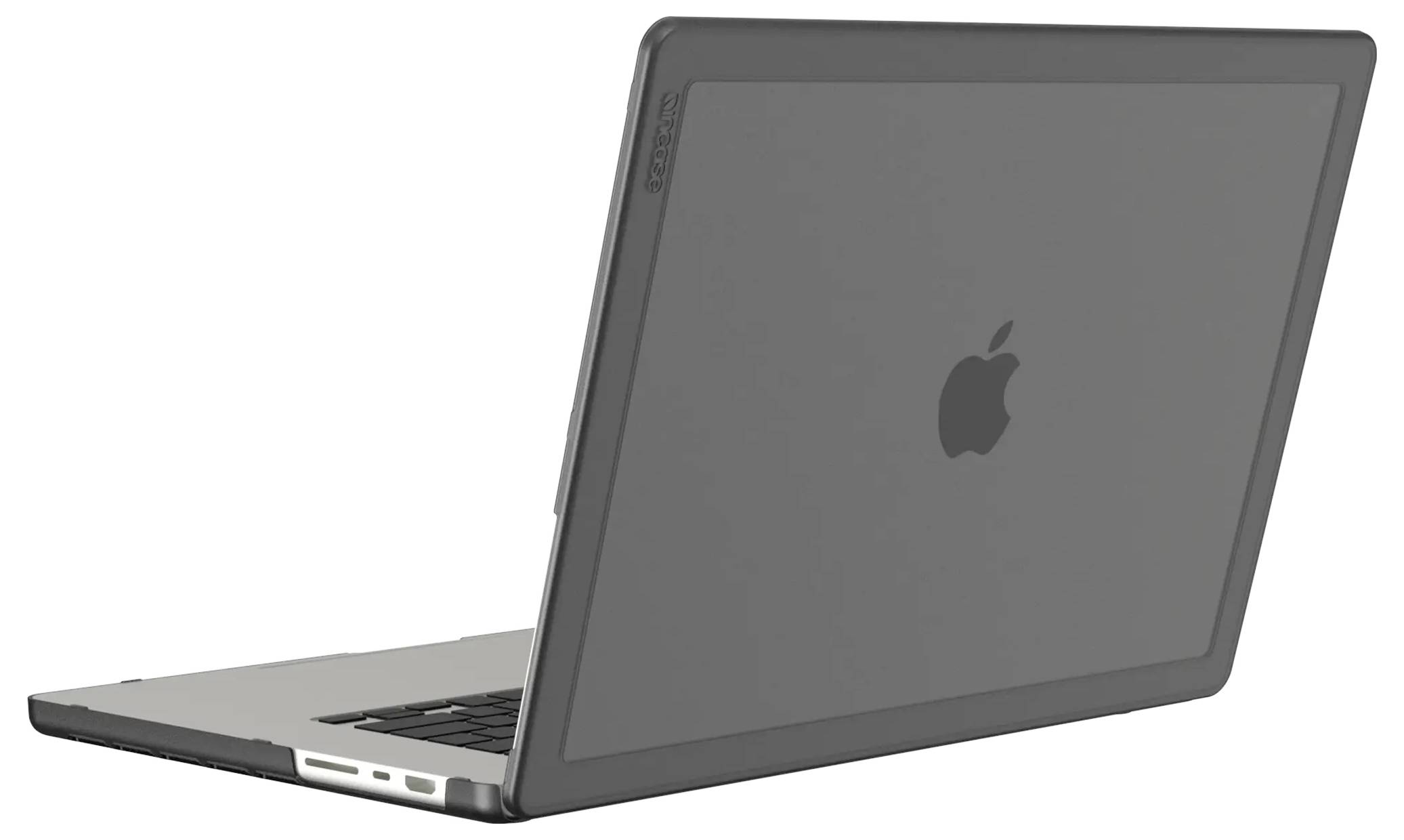 Ein offener Laptop mit matter schwarzer Oberfläche, von hinten gesehen. Das Apple-Logo ist auf dem Deckel sichtbar.