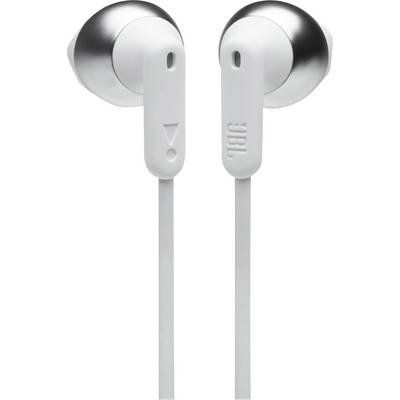Weiße und silberne In-Ear-Kopfhörer mit flachem Kabeldesign und 'JBL'-Branding auf den Ohrhörern.