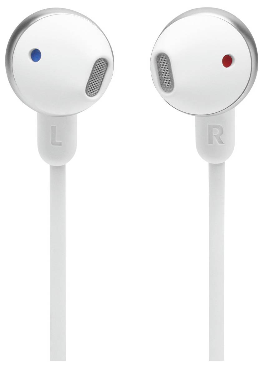 Zwei weiße Ohrhörer mit den Beschriftungen „L" und „R", wobei jeder mit einem farbigen Punkt versehen ist, der die linke (blau) und rechte (rot) Seite kennzeichnet.