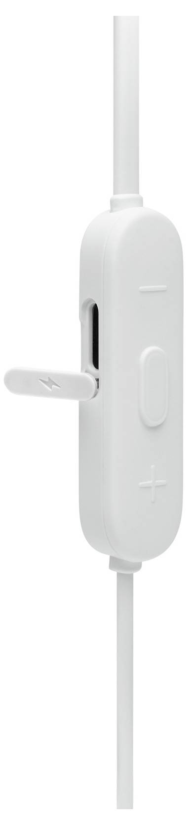 Eine Nahaufnahme eines weißen Kopfhörer-Inline-Fernbedienungselements mit einer zentralen Taste und Lautstärkesteuerung, gekennzeichnet durch '+' und '-' Symbole.