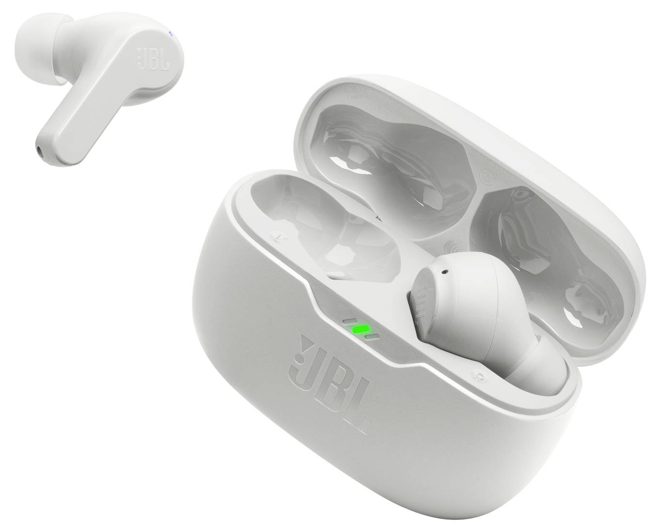 Weiße JBL-Wireless-Ohrhörer in einem geöffneten Ladeetui, die das ergonomische Design der Ohrhörer zeigen. Ein einzelner Ohrhörer wird separat dargestellt.