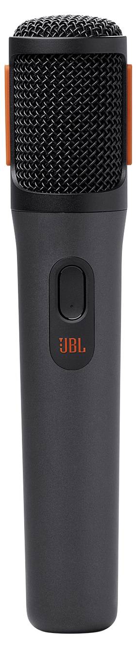 Mikrofon mit orangen Akzenten auf schwarzem Gehäuse, mit einer Gitterstruktur und einem Knopf nahe der Oberseite, mit der Marke 'JBL' versehen.