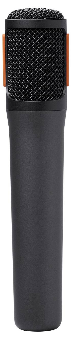 Ein schwarzes Mikrofon mit oranger Akzentuierung, das eine Gitternetzoberseite aufweist, wird vor einem weißen Hintergrund präsentiert.