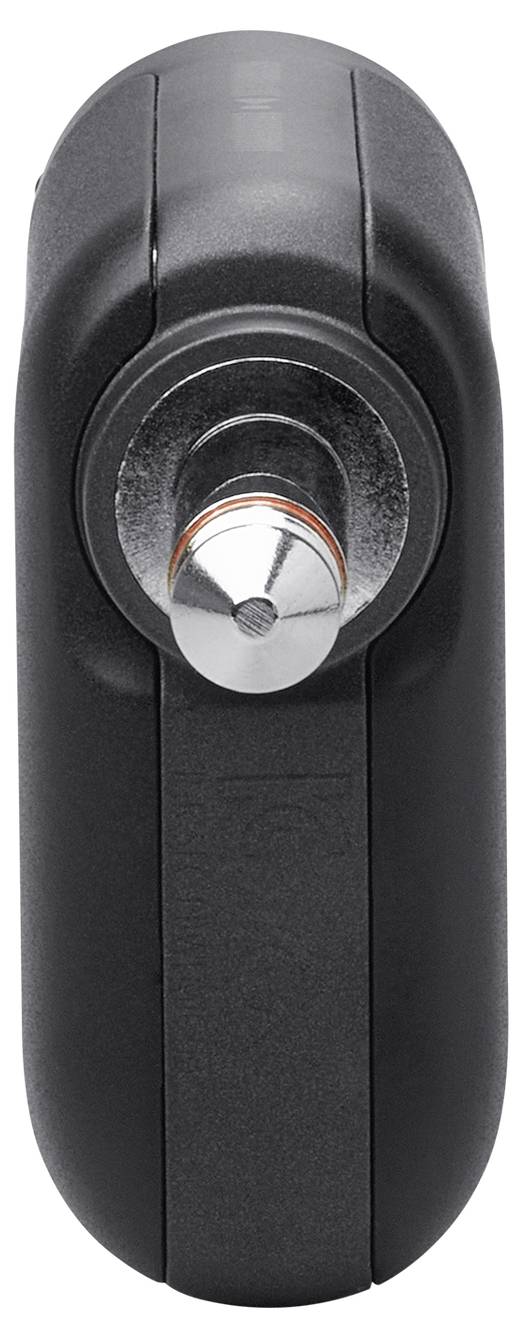 Eine Nahaufnahme eines schwarzen, zylindrischen Geräts mit einer metallischen Düse an der Spitze, möglicherweise ein Zubehörteil für ein Elektrowerkzeug oder eine Luftdüse.