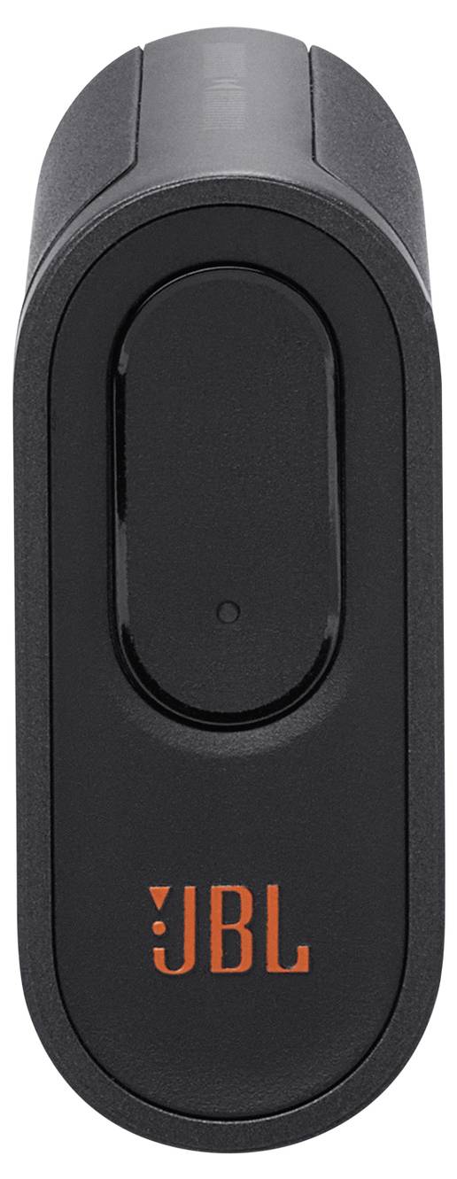 Ein schwarzes JBL Flip-Handy mit rotem Logo wird von oben gezeigt, mit einem großen zentralen Knopf, der in ein ovales Design eingebettet ist.