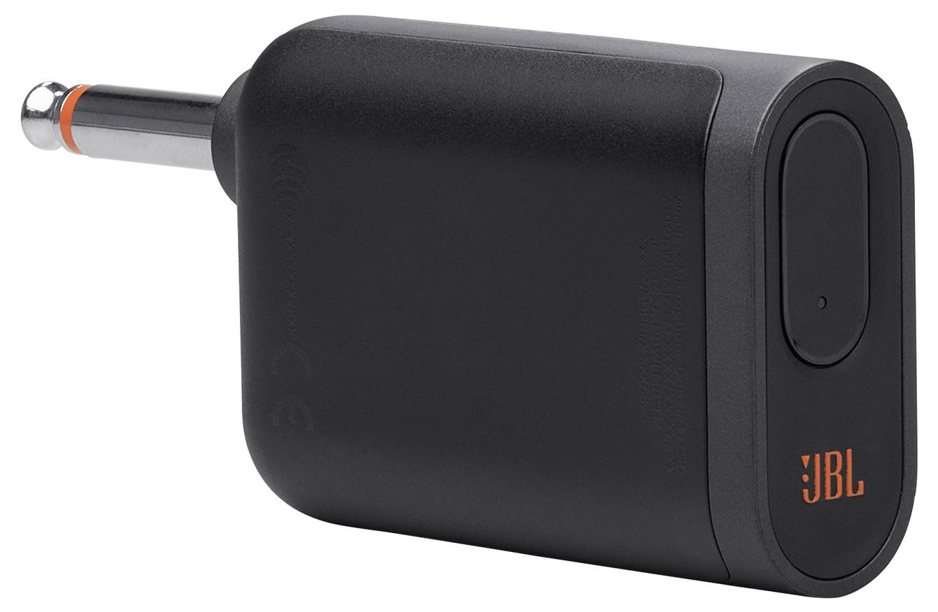 Ein schwarzer JBL Wandladegerät mit europäischem Stecker, ausgestattet mit einem orangefarbenen Logo und einem rechteckigen Knopf an der Seite. Geeignet für Reisezwecke.