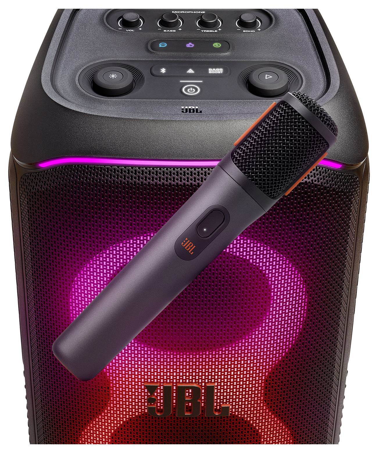 Ein schwarzer JBL-Lautsprecher mit leuchtenden violetten und pinken LED-Lichtern ist mit einem drahtlosen Mikrofon gekoppelt.