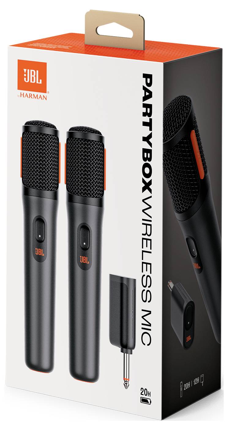 JBL PartyBox Wireless Mic Verpackung mit zwei schwarzen und orangefarbenen Mikrofonen und einem Empfänger, der eine drahtlose Reichweite von 20 m hervorhebt.