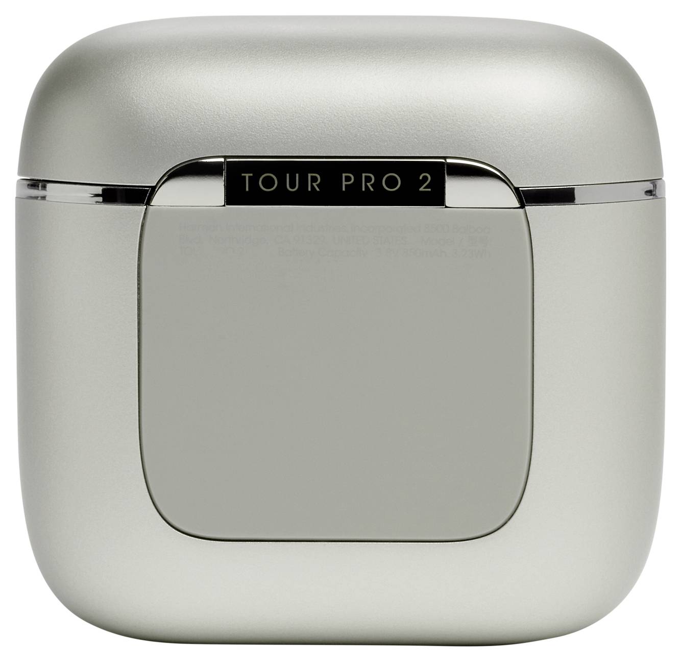 Ein geschlossenes graues Ohrhörer-Ladeetui mit der Aufschrift "TOUR PRO 2" auf dem Deckel.