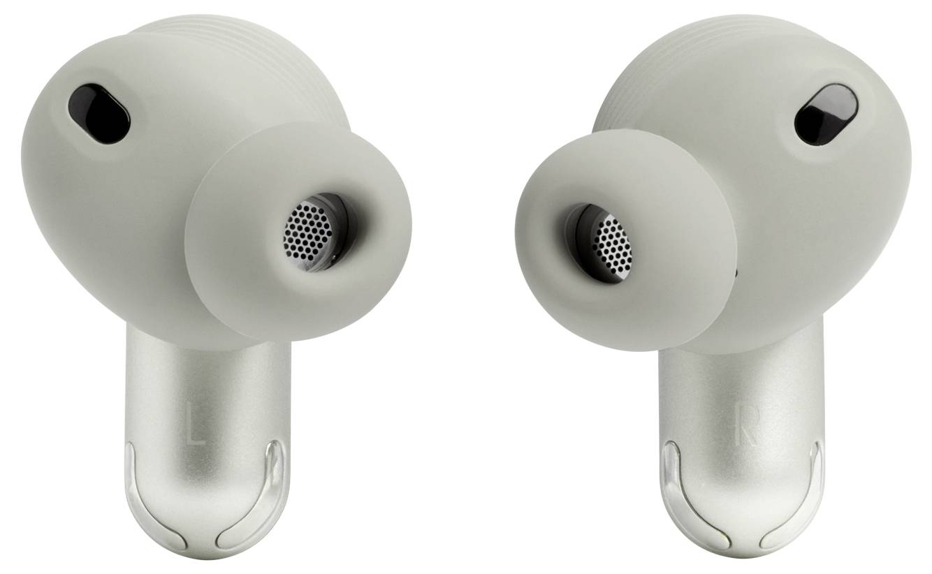 Weiße kabellose Kopfhörer, die auf einer reflektierenden Oberfläche ruhen und dabei die Ohrstöpsel und Lautsprecher zeigen.