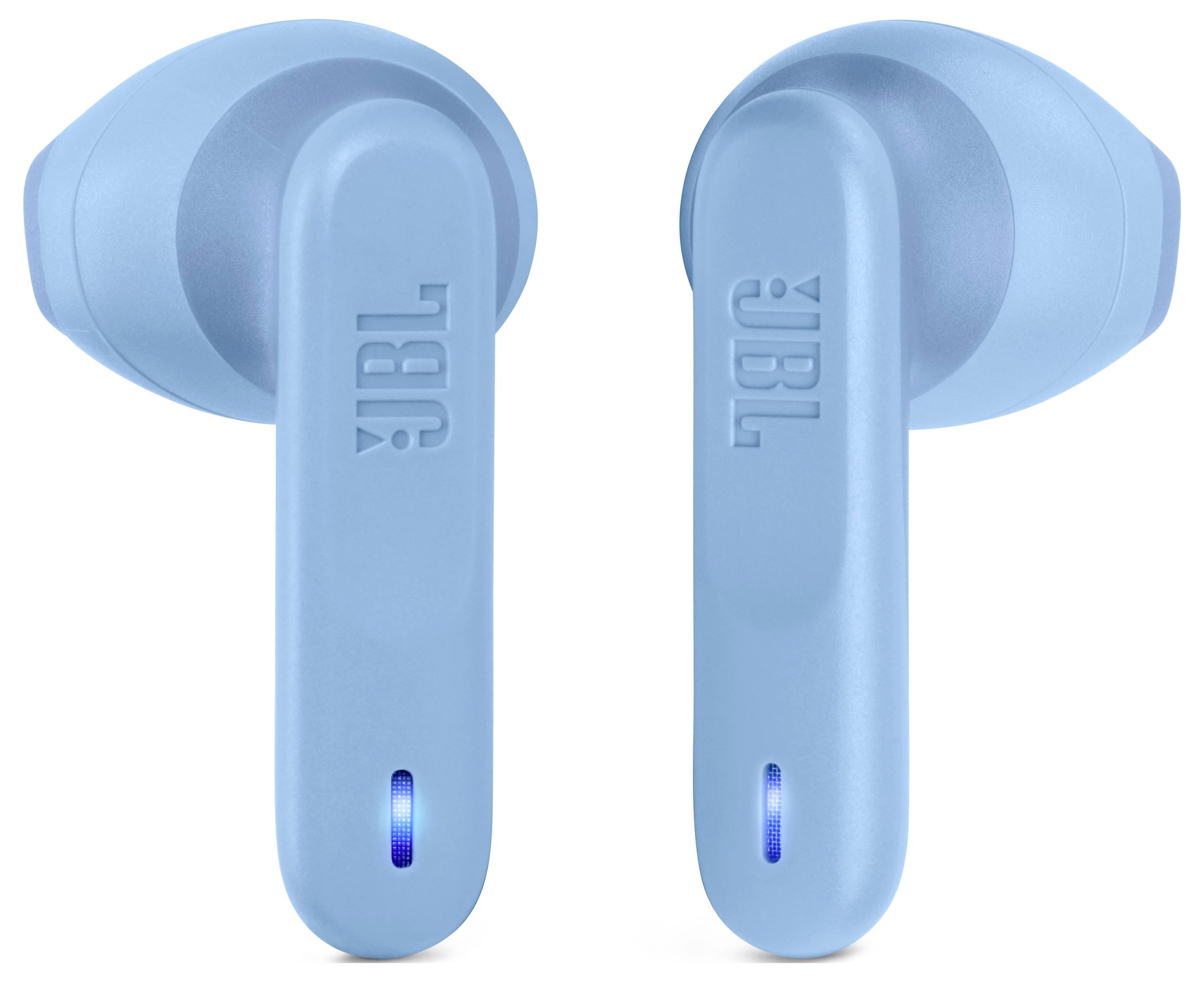 Zwei blaue JBL kabellose Ohrhörer mit LED-Anzeigen, die ein minimalistisches Design präsentieren.