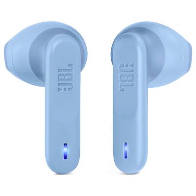 Zwei blaue JBL kabellose Ohrhörer mit LED-Anzeigen, die ein minimalistisches Design präsentieren.