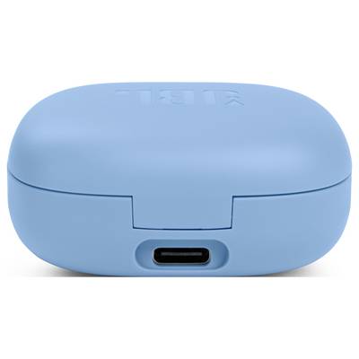 Ein hellblauer Ohrhörer-Ladecase mit einem USB-C-Anschluss auf der Vorderseite.