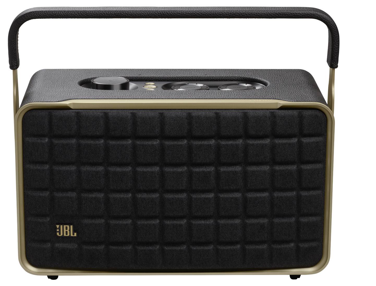 JBL-Lautsprecher mit einem schwarz-goldenen Design, ausgestattet mit einem Griff oben, großer Lautsprecherblende und Bedienungstasten auf der Oberfläche.