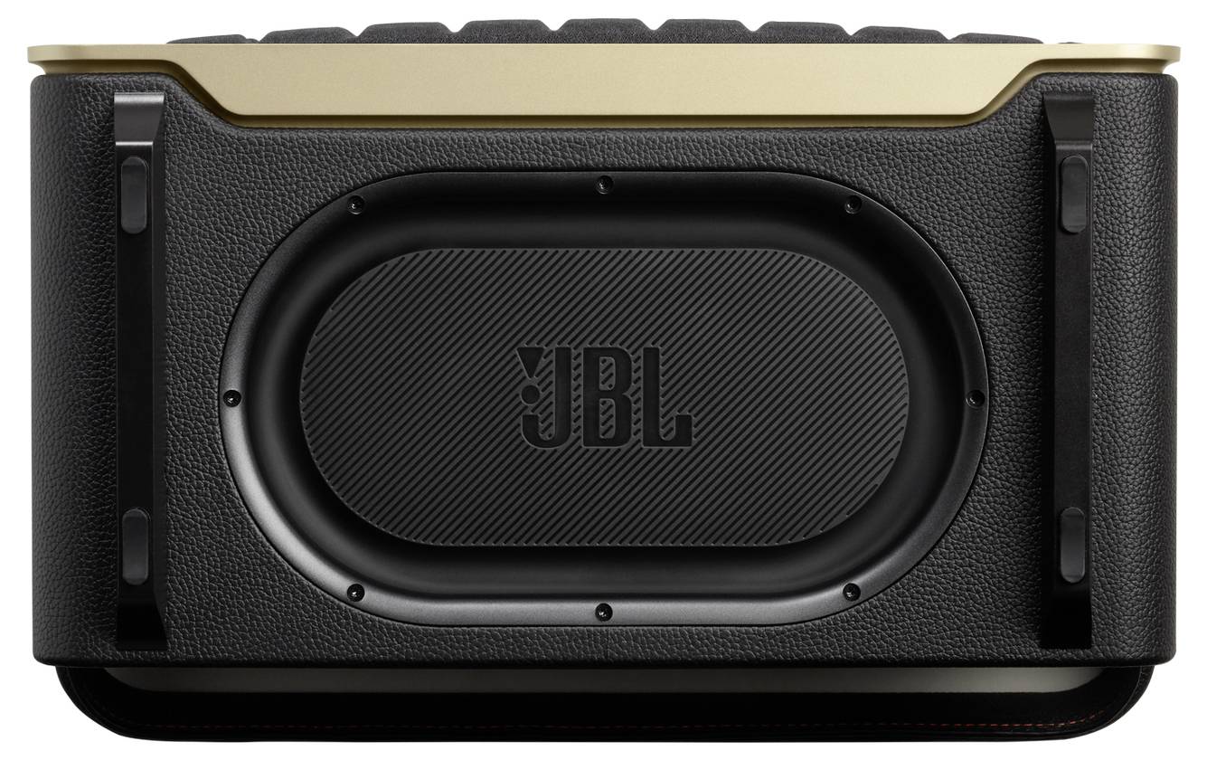Ein schwarzer JBL-Lautsprecher mit einem goldenen Akzent an der Oberseite, der einen markanten ovalen Woofer auf der Vorderseite aufweist und ein schlankes, modernes Design zeigt.