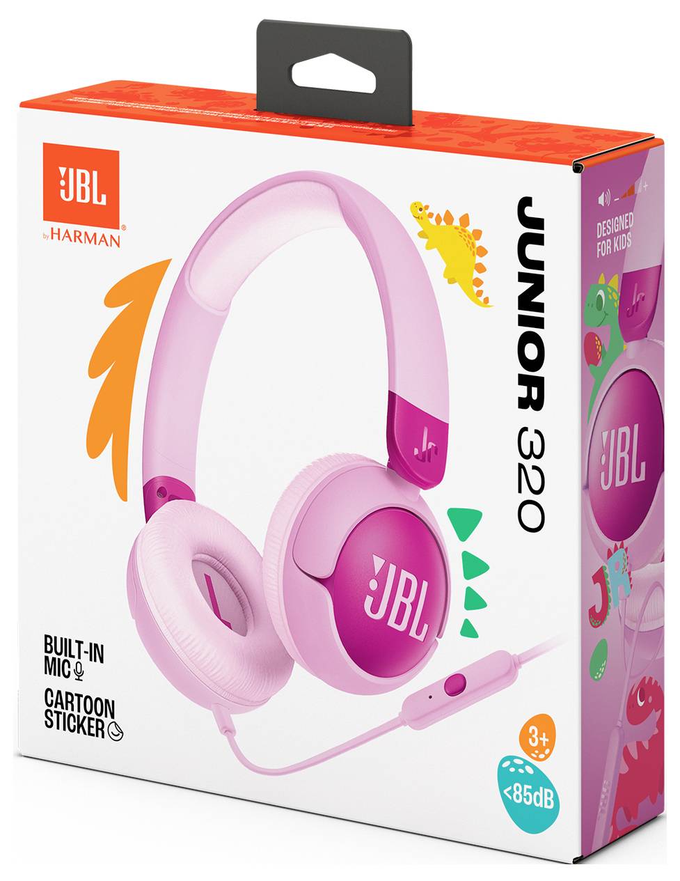 Eine Schachtel mit JBL JR 320 Kinderkopfhörern in rosa Design, mit integriertem Mikrofon, Cartoon-Sticker und einer Notiz „für Kinder ab 3 Jahren entwickelt".