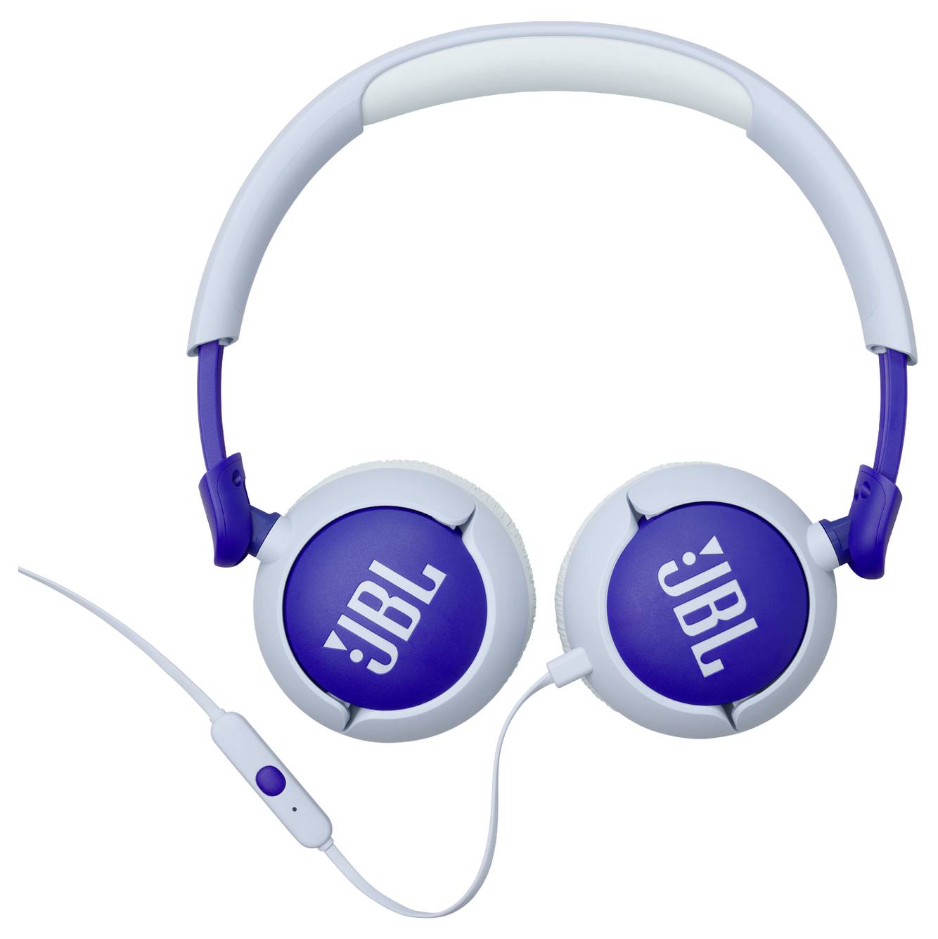 Weiße und blaue Over-Ear-Kopfhörer mit dem 'JBL' Logo auf jedem Ohrmuschel, ausgestattet mit einem gepolsterten Kopfbügel und einer Inline-Mikrofonsteuerung.