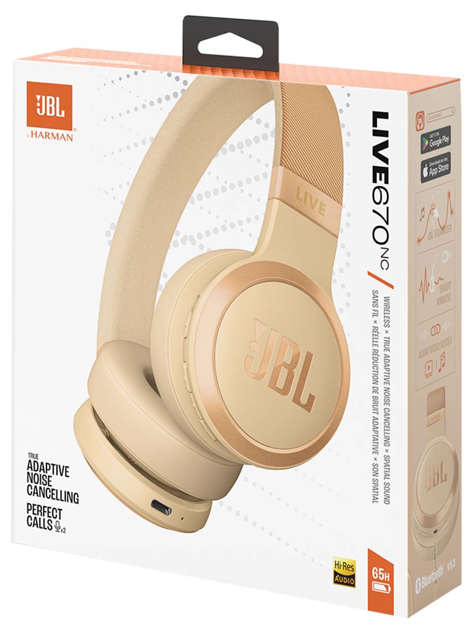 Verpackung der JBL Live 670 Kopfhörer in Pfirsichfarbe, mit adaptiver Geräuschunterdrückung, perfekten Anrufen und 65 Stunden Akkulaufzeit.