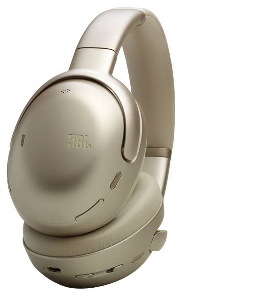 Silberne Over-Ear-Kopfhörer mit drahtloser Verbindung, ausgestattet mit gepolsterten Ohrmuscheln und verstellbarem Kopfbügel, die auf einem weißen Hintergrund präsentiert werden.