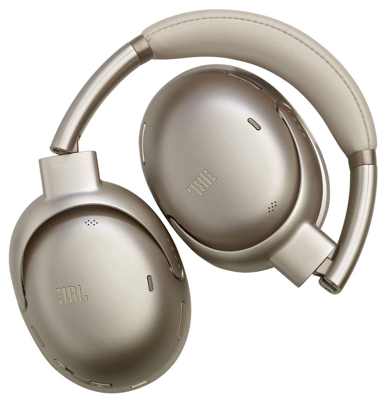 Ein Paar goldfarben JBL Over-Ear-Kopfhörer mit gedämpften Ohrmuscheln und einem eleganten, verstellbaren Kopfbügel.