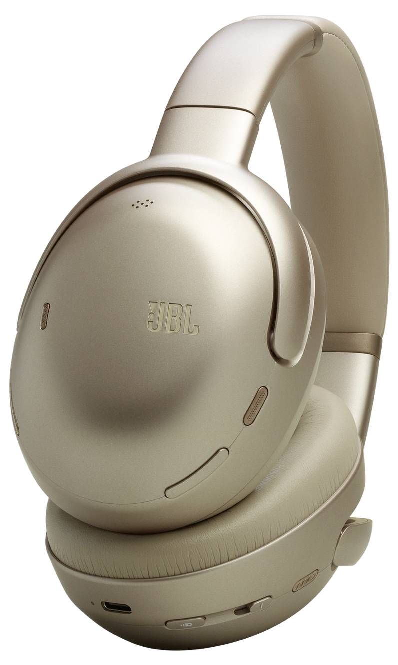 Ein Paar goldfarbene Over-Ear-Kopfhörer mit gepolstertem Kopfbügel und Ohrmuscheln, die das 'JBL'-Logo tragen und für das Musikhören entwickelt wurden.