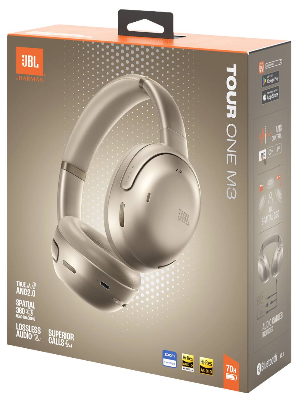 Verpackung der JBL Tour One M3 Kopfhörer in Beige, ausgestattet mit ‚True Adaptive Noise Cancelling', ‚Spatial 360 Audio' und ‚70h Akkulaufzeit'.