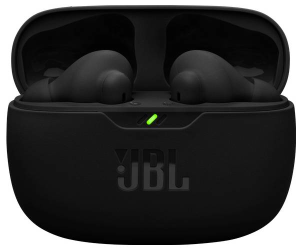 Schwarze JBL-Wireless-Ohrhörer in einem Ladeetui mit grüner Anzeigelampe.