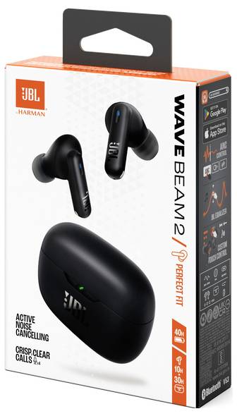 JBL Wave Beam 2 Ohrhörer-Verpackung, die Ohrhörer und Ladeetui zeigt und Funktionen wie aktive Geräuschunterdrückung und klare Anrufe hervorhebt.