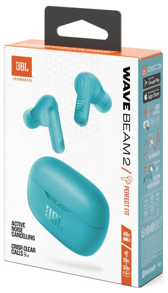 Verpackungsbild der JBL Wavebeam 2 Ohrhörer, mit Hervorhebung der Funktionen 'Active Noise Cancelling' und 'Kristallklare Anrufe 2x' in Tealblau.