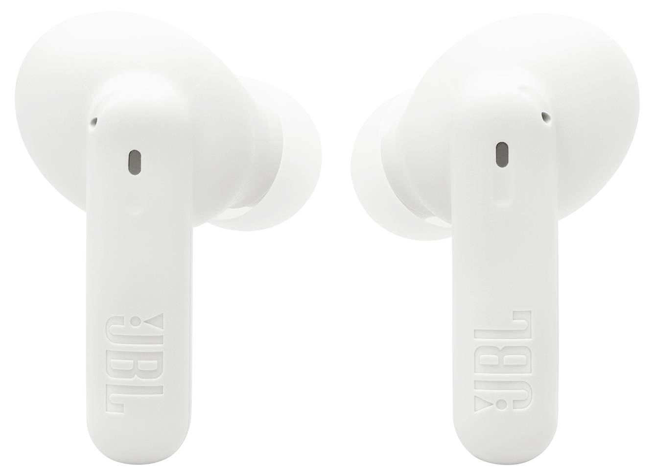 Weiße JBL-Wireless-Ohrhörer mit elegantem Design, die von vorne vor einem neutralen Hintergrund gezeigt werden.
