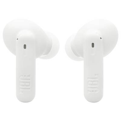 Weiße JBL-Wireless-Ohrhörer mit elegantem Design, die von vorne vor einem neutralen Hintergrund gezeigt werden.