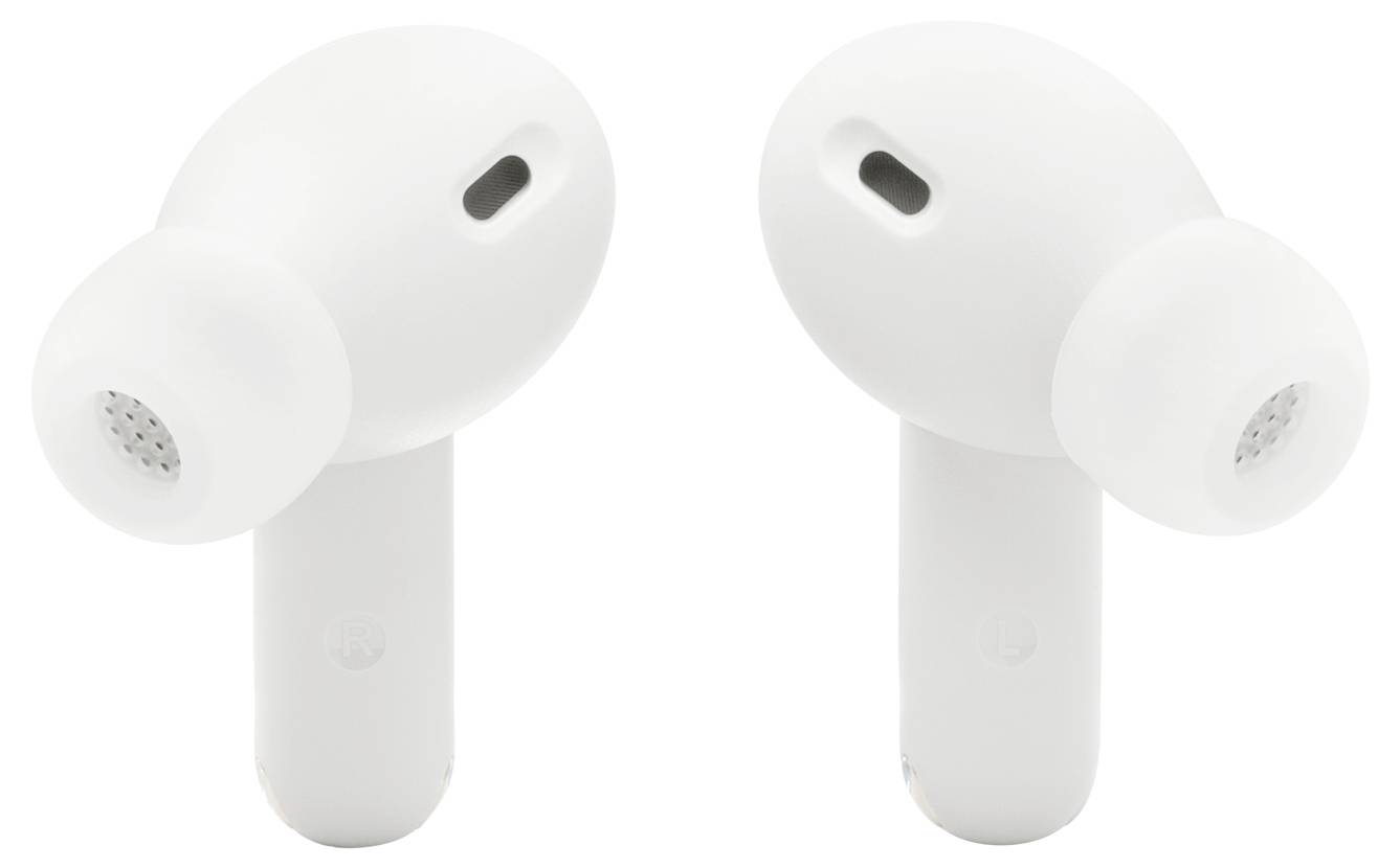 Zwei weiße kabellose Kopfhörer mit Silikonaufsätzen, aufrecht stehend, mit Lautsprechergitter und Ladekontakten.