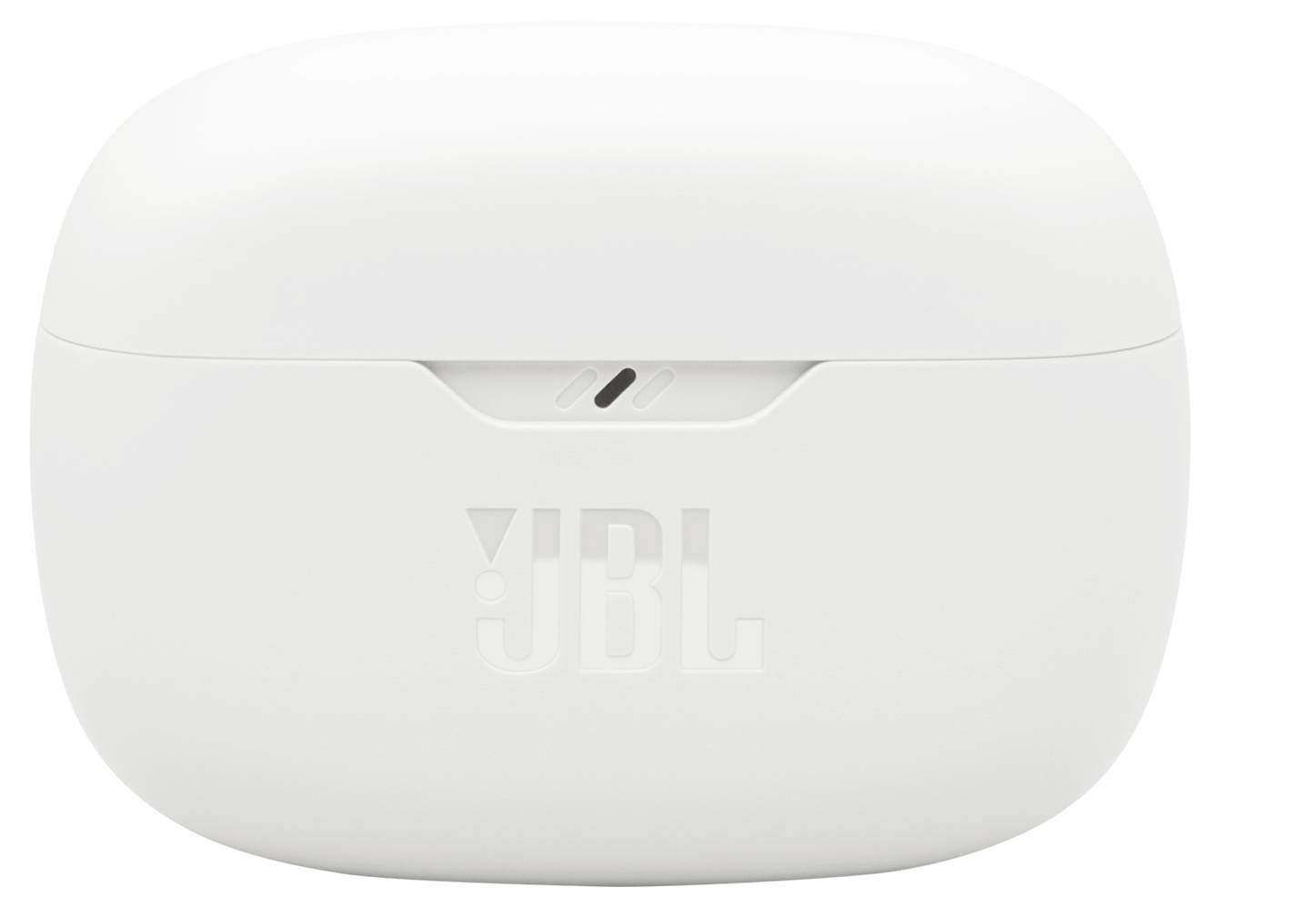 Weißes JBL-Ohrhörer-Ladeetui mit Logo auf der Vorderseite.