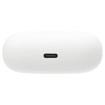 Eine weiße, ovale Hülle mit einem USB-C-Anschluss in der Mitte, von der Seite betrachtet.