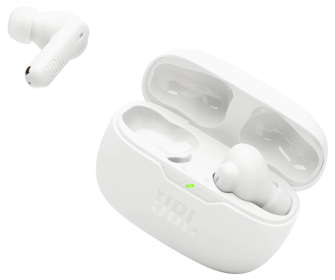 Weiße kabellose Kopfhörer mit einer Ladebox, ein Kopfhörer liegt in der geöffneten Ladebox.