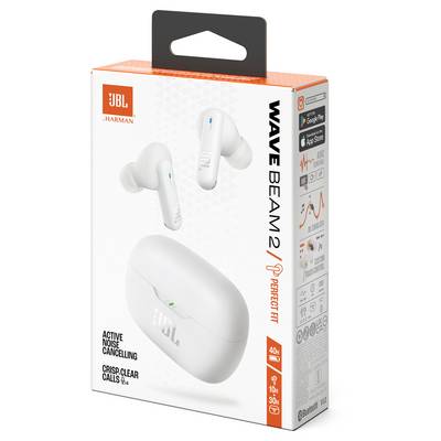 Packung der JBL Wave Beam 2 Ohrhörer mit 'Perfekte Passform', zeigt aktive Geräuschunterdrückung und klare Anruffunktionen, kompatibel mit Bluetooth.