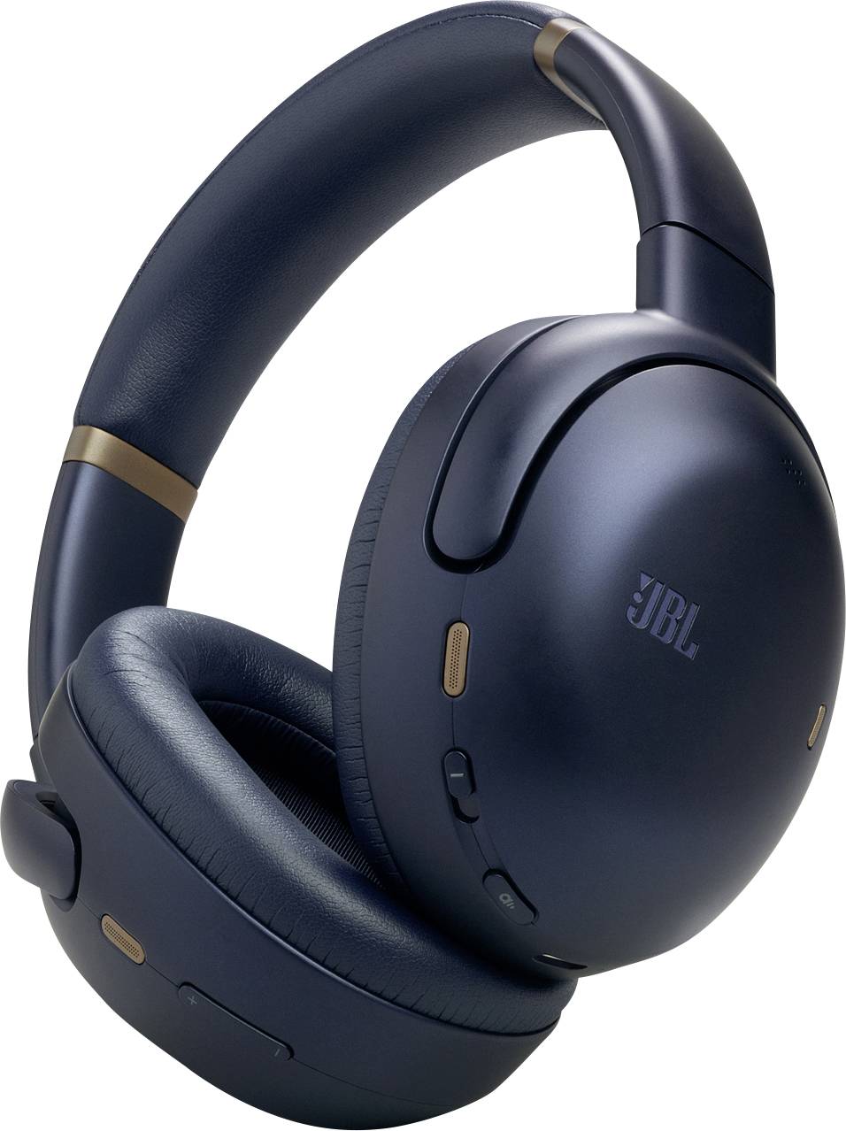 Ein Paar schwarzer Over-Ear-Kopfhörer mit elegantem, modernem Design, mit einem auffälligen Logo auf der Ohrmuschel und gepolstertem Kopfbügel.