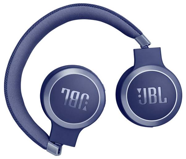 Blaue JBL kabellose Kopfhörer mit gepolsterten Ohrmuscheln und verstellbarem Bügel, mit Markenschriftzug auf jeder Ohrmuschel.