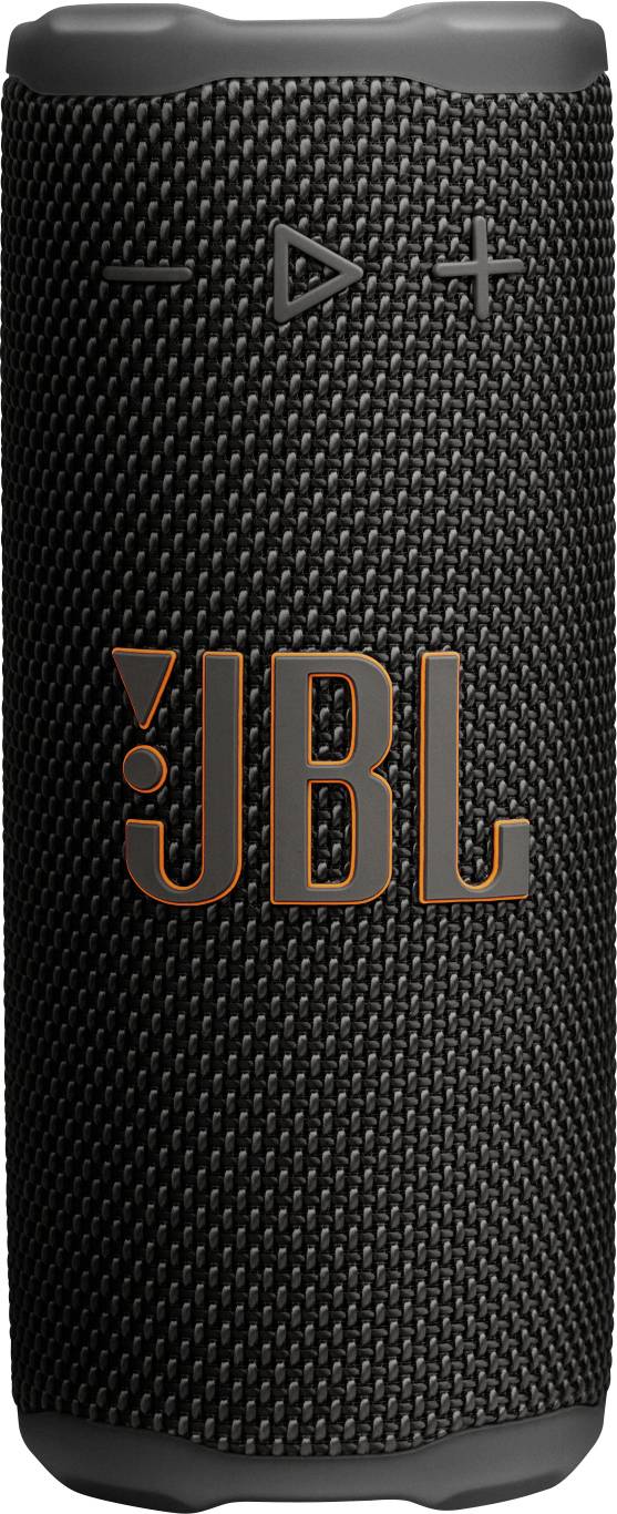 Tragbarer schwarzer JBL-Lautsprecher mit einer strukturierten Oberfläche, ausgestattet mit hervorgehobenen Bedienungstasten und dem orangefarbenen JBL-Logo auf der Vorderseite.